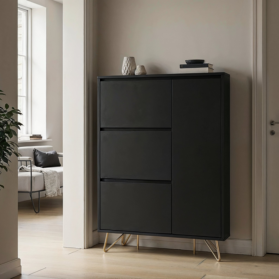 Cipős szekr&eacute;ny 'Elle' - Fekete/Brass