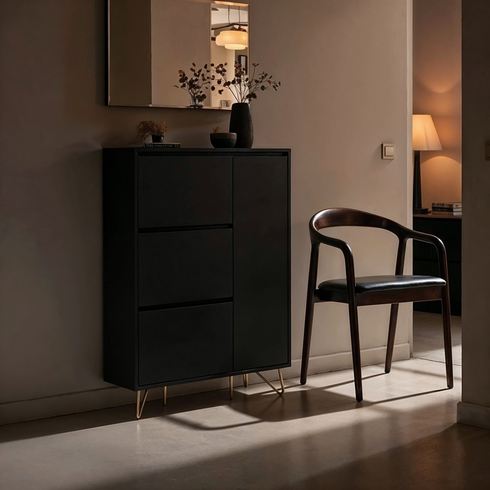 Cipős szekr&eacute;ny 'Elle' - Fekete/Brass